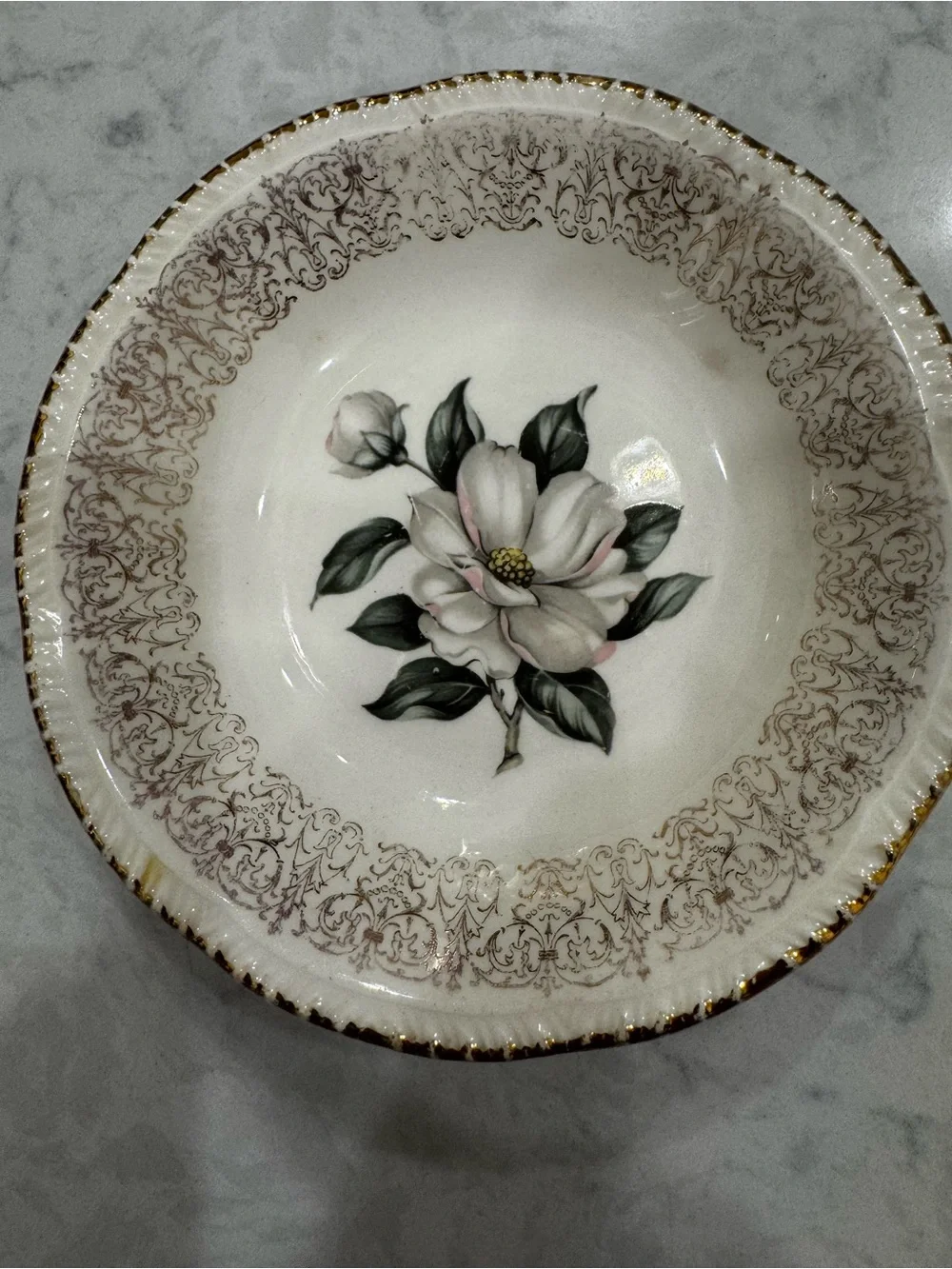 Vintage Magnolia Floral Bowl 6” Gold Trim Scalloped Cottagecore